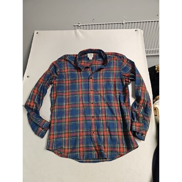 LL Bean Flannel Shirt Mens Large Scotch Plaid Gray Red Button Slightly Fitted - Picture 1 of 5